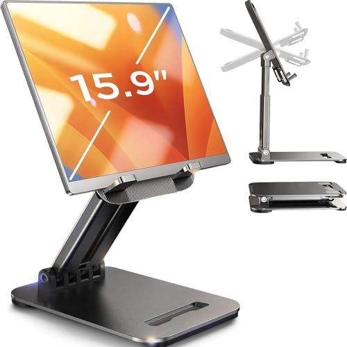 LISEN Soporte de iPad Soporte Tablet Mesa Ajustable, Soporte Kindle Monitor Portatil hasta 15,9' Metal Atril Tablet Escritorio para iPad Air iPad Mini 2024, iPad Pro 12.9, Ebook, Samsung Otras Tablets